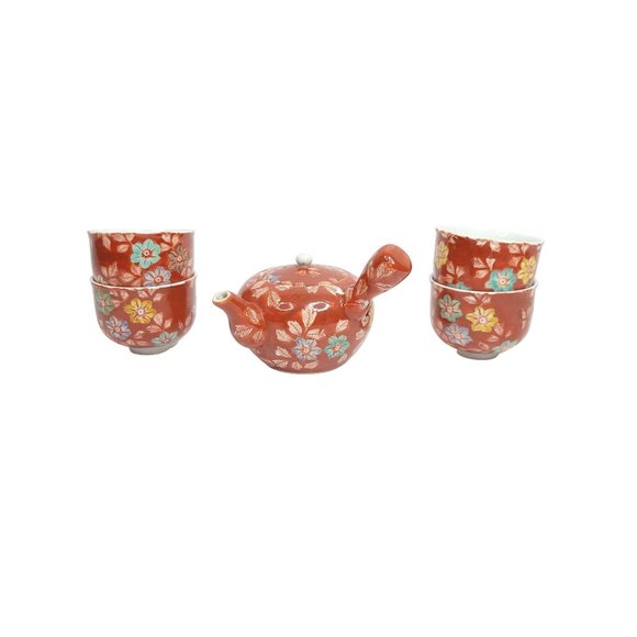 Kyusu Teapot with 4 Cups Small Tea Set Asian Rusty Red Floral Bowl Vase Tea Saki - Picture 11 of 12